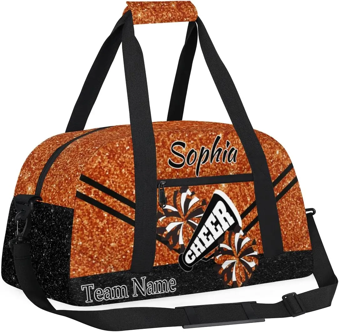 Personalized Cheer Cheerleadr Gym Duffel Bag, Custom Sport Duffle Bag, Custom Name Overnight Weekender Bag for Women Men Travel Vocation Business Trip, Dark Orange Glitter