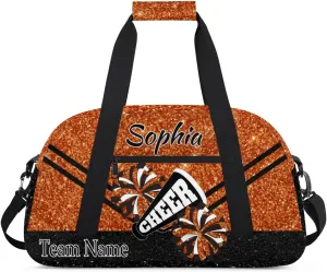 Personalized Cheer Cheerleadr Gym Duffel Bag, Custom Sport Duffle Bag, Custom Name Overnight Weekender Bag for Women Men Travel Vocation Business Trip, Dark Orange Glitter