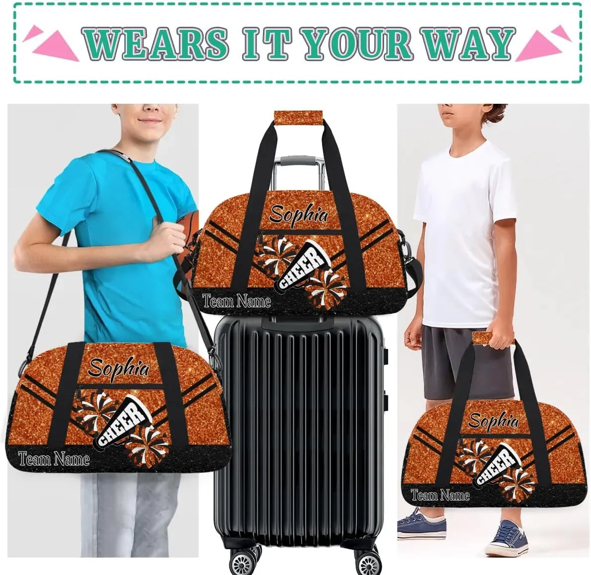 Personalized Cheer Cheerleadr Gym Duffel Bag, Custom Sport Duffle Bag, Custom Name Overnight Weekender Bag for Women Men Travel Vocation Business Trip, Dark Orange Glitter