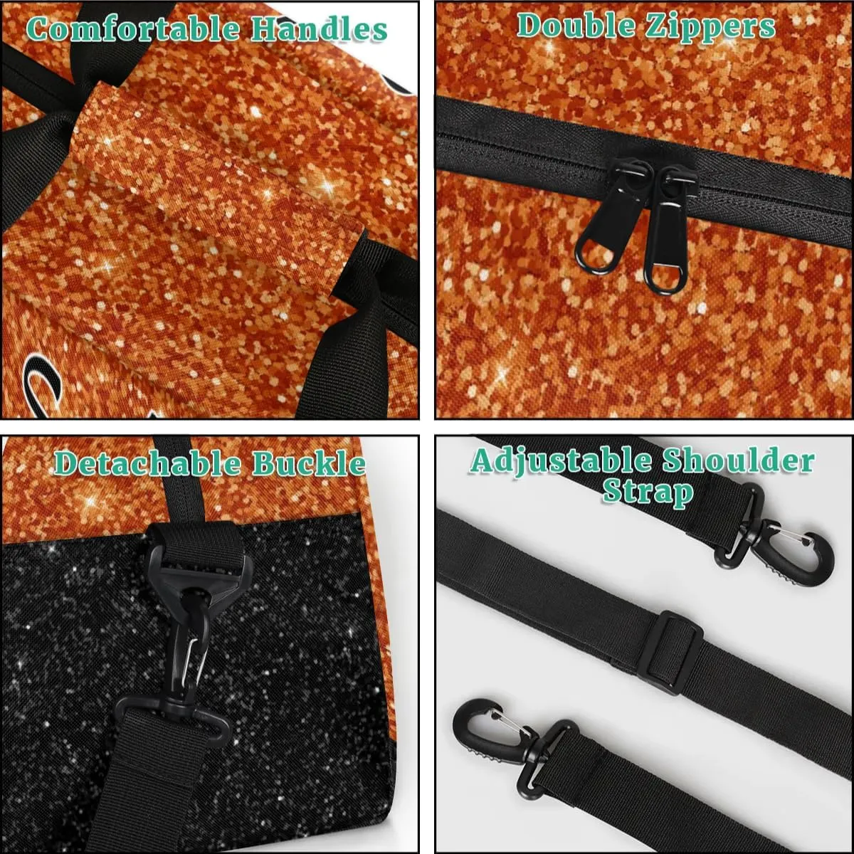 Personalized Cheer Cheerleadr Gym Duffel Bag, Custom Sport Duffle Bag, Custom Name Overnight Weekender Bag for Women Men Travel Vocation Business Trip, Dark Orange Glitter