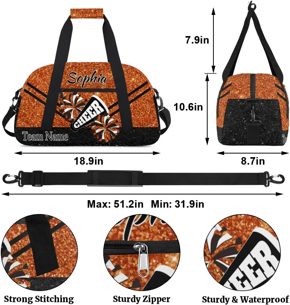 Personalized Cheer Cheerleadr Gym Duffel Bag, Custom Sport Duffle Bag, Custom Name Overnight Weekender Bag for Women Men Travel Vocation Business Trip, Dark Orange Glitter