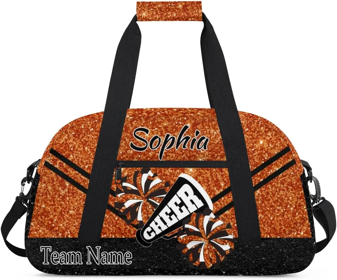 Personalized Cheer Cheerleadr Gym Duffel Bag, Custom Sport Duffle Bag, Custom Name Overnight Weekender Bag for Women Men Travel Vocation Business Trip, Dark Orange Glitter