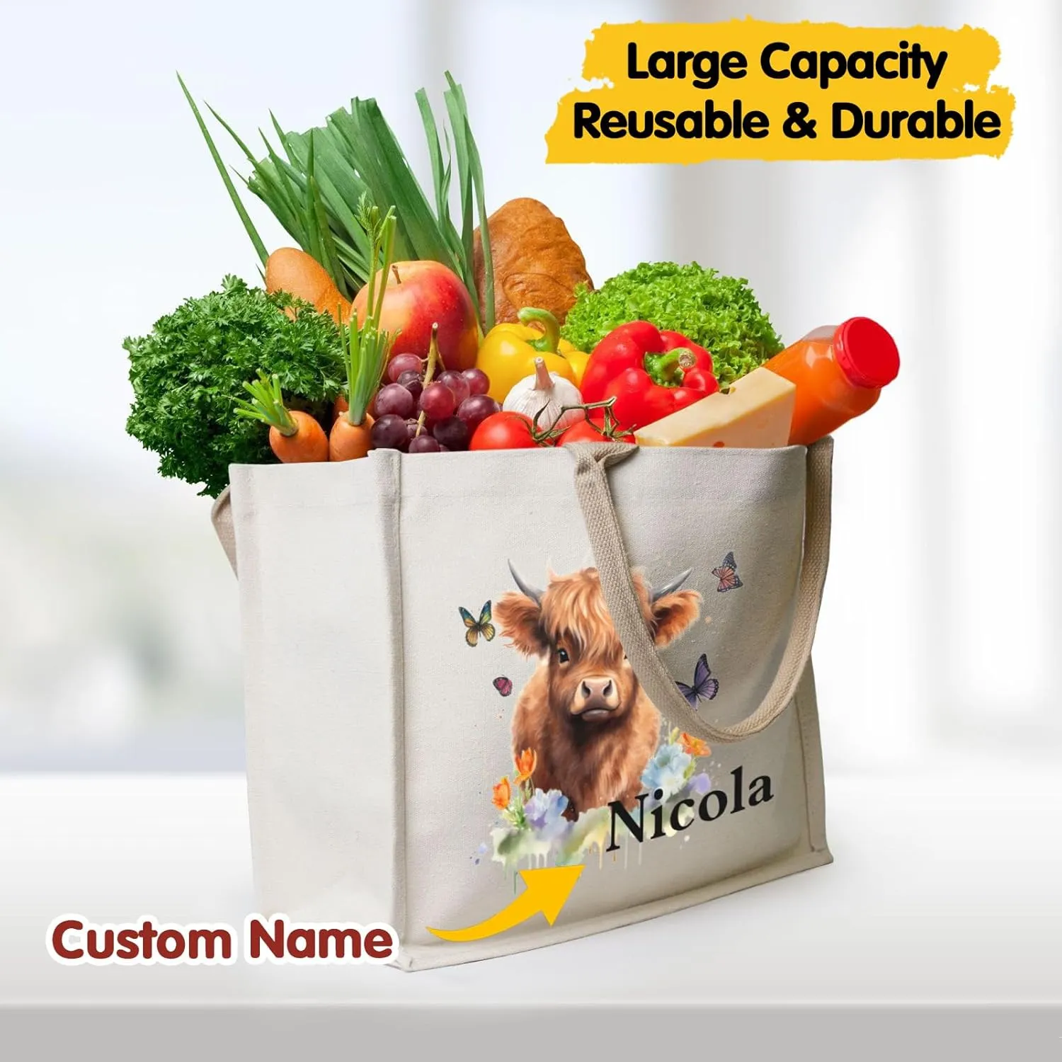 Personalized Cute Highland Cow Gifts Bag,Reusable Grocery Large Canvas Tote Bag with Handle for Women, Beach,Wedding,Birthday