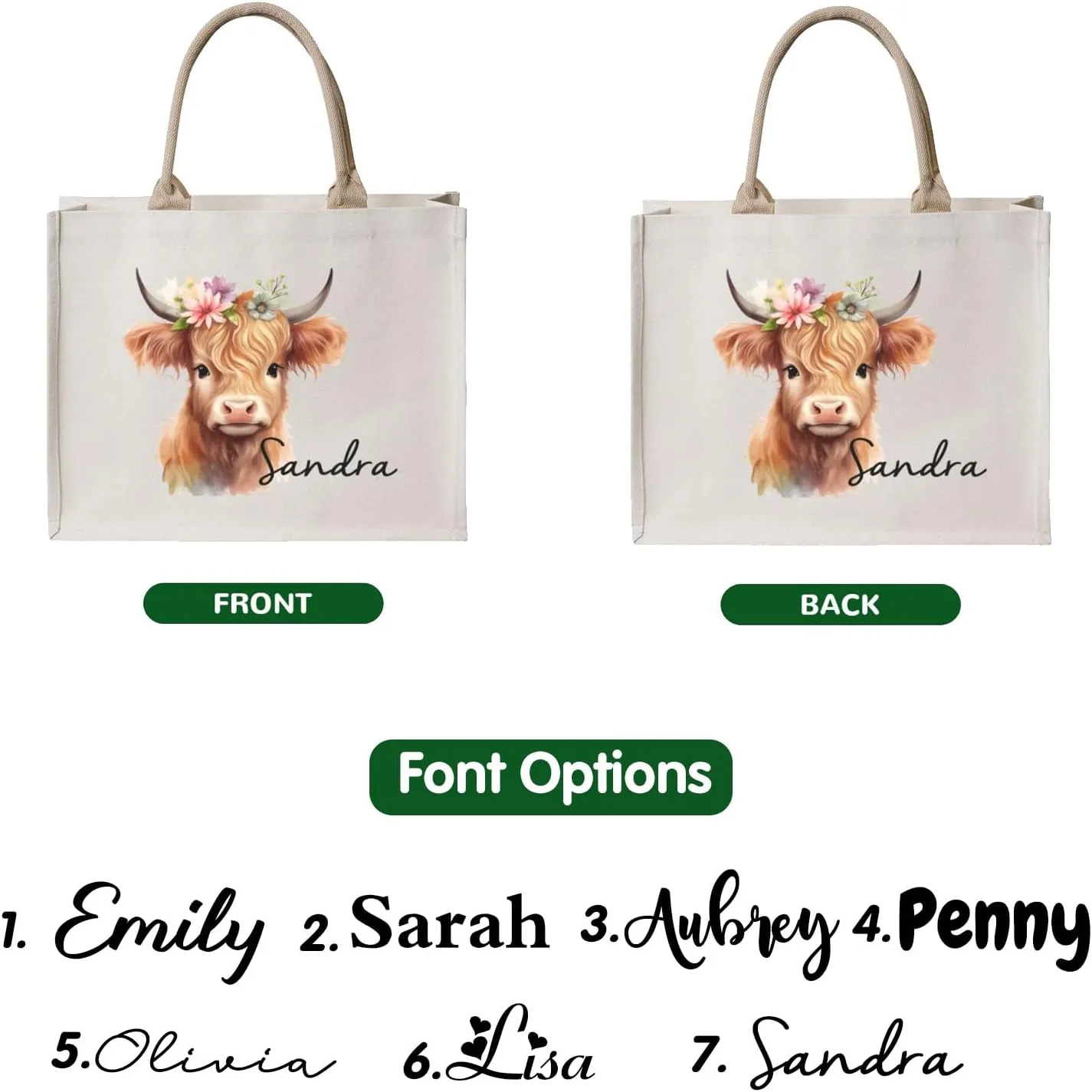 Personalized Cute Highland Cow Gifts Bag,Reusable Grocery Large Canvas Tote Bag with Handle for Women, Beach,Wedding,Birthday