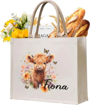 Personalized Cute Highland Cow Gifts Bag,Reusable Grocery Large Canvas Tote Bag with Handle for Women, Beach,Wedding,Birthday