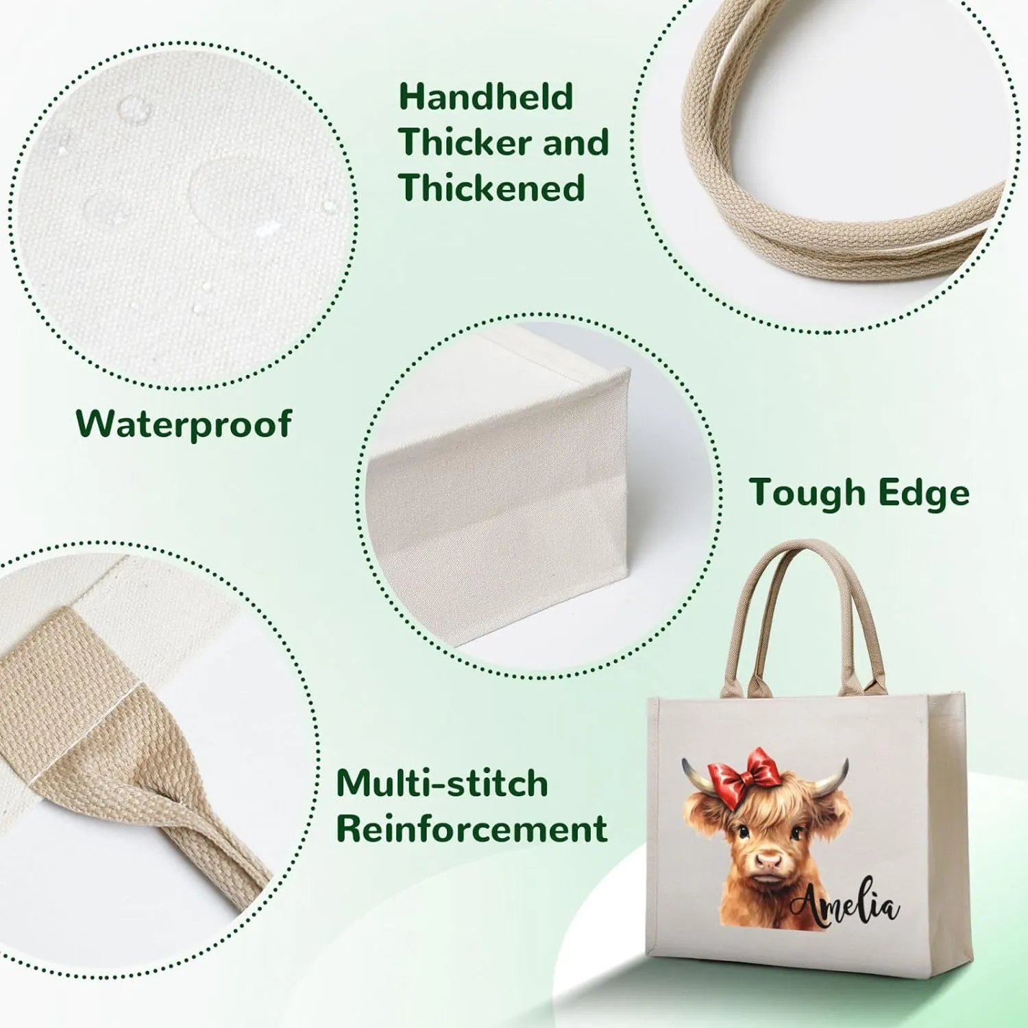 Personalized Cute Highland Cow Gifts Bag,Reusable Grocery Large Canvas Tote Bag with Handle for Women, Beach,Wedding,Birthday