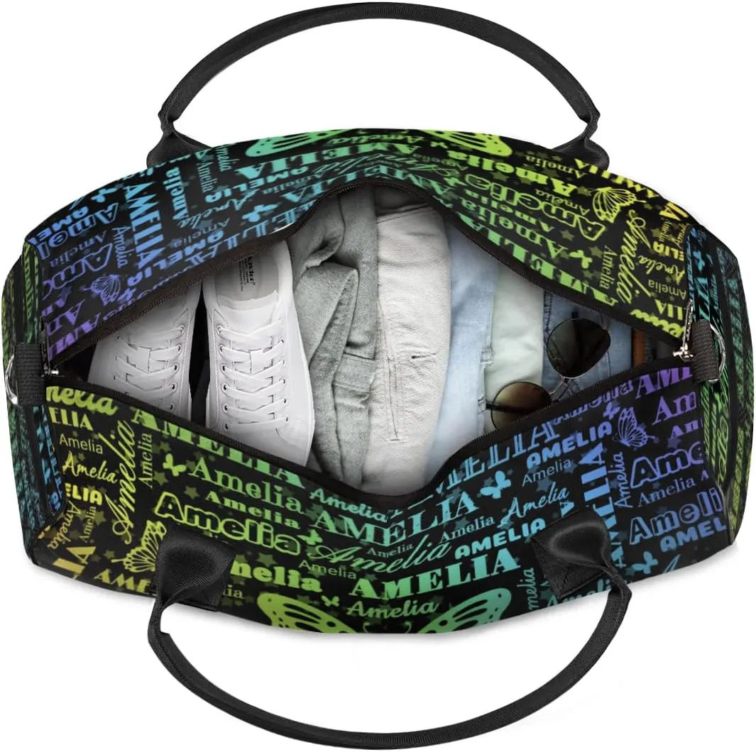 Personalized Dance Bag Women, Gradient Lime Yellow Blue Names and Butterflies Cheerleader Bag Gym Sport Duffel Bag Weekender Bags Travel Duffel Bag