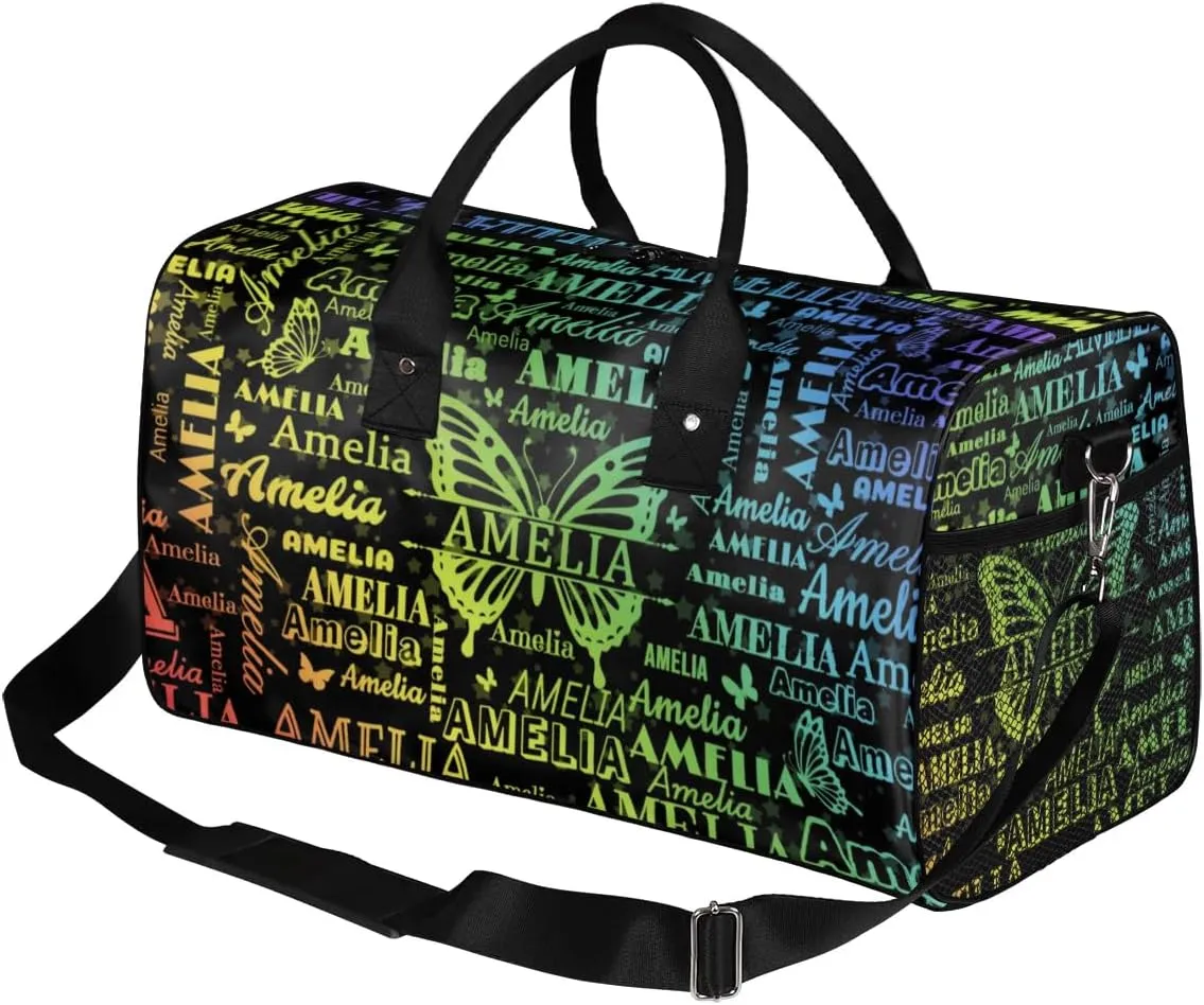 Personalized Dance Bag Women, Gradient Lime Yellow Blue Names and Butterflies Cheerleader Bag Gym Sport Duffel Bag Weekender Bags Travel Duffel Bag