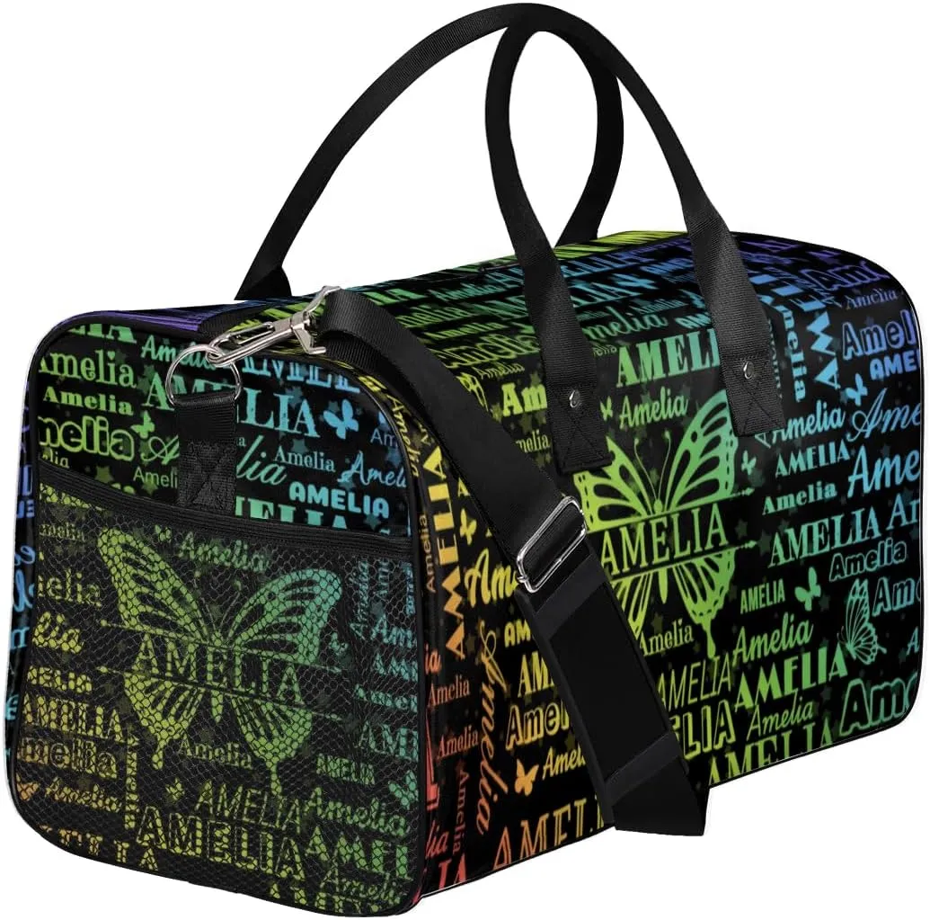 Personalized Dance Bag Women, Gradient Lime Yellow Blue Names and Butterflies Cheerleader Bag Gym Sport Duffel Bag Weekender Bags Travel Duffel Bag