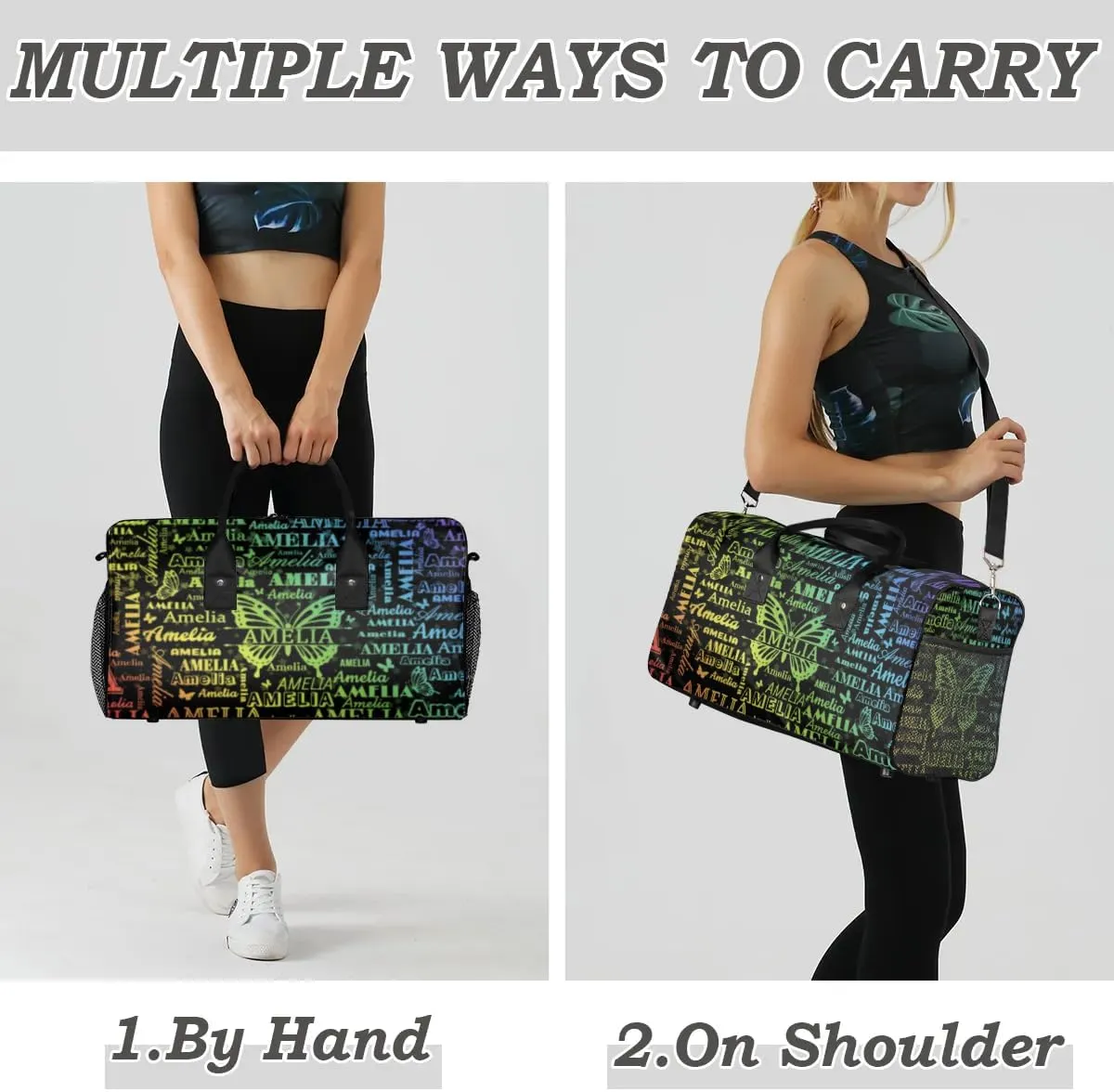 Personalized Dance Bag Women, Gradient Lime Yellow Blue Names and Butterflies Cheerleader Bag Gym Sport Duffel Bag Weekender Bags Travel Duffel Bag