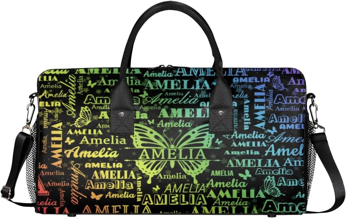Personalized Dance Bag Women, Gradient Lime Yellow Blue Names and Butterflies Cheerleader Bag Gym Sport Duffel Bag Weekender Bags Travel Duffel Bag