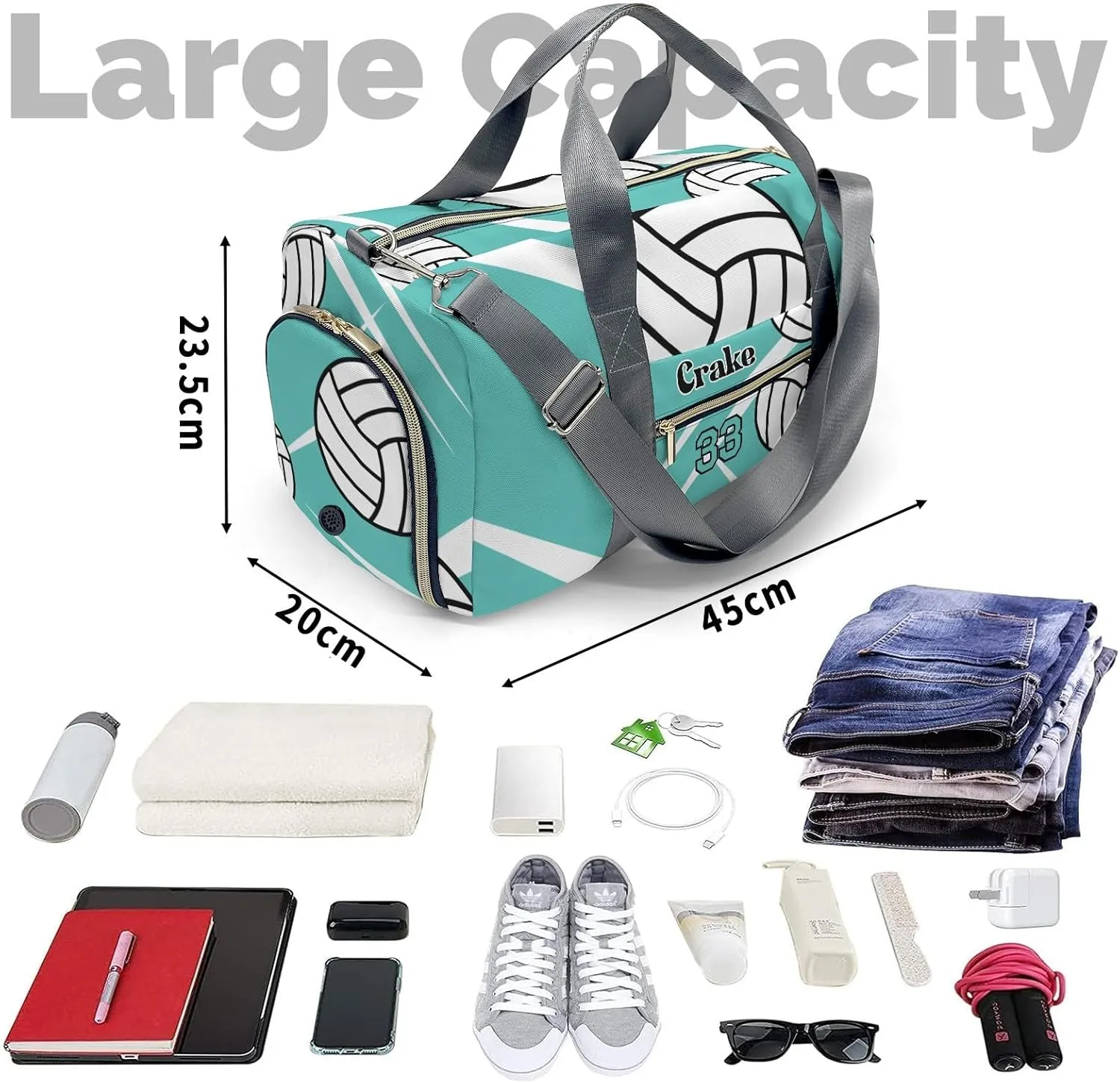 Personalized Team Volleyball Teal Duffel Bag,Customized Sport Player Travel Bag for Gifts
