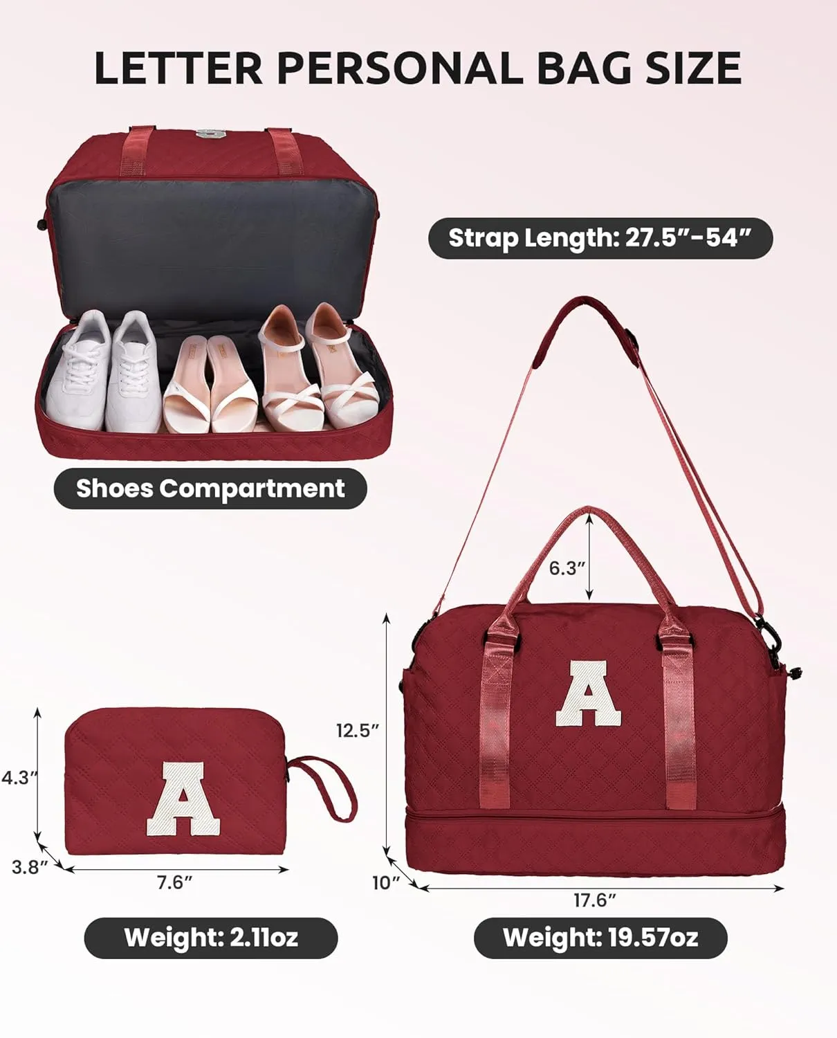 Personalized Weekender Duffle for Women With Shoulder Strap, Monogram Overnight Bag With Wet Pocket, Travel Bag With Makeup Bag, Gifts for Female Friends (Letter W)