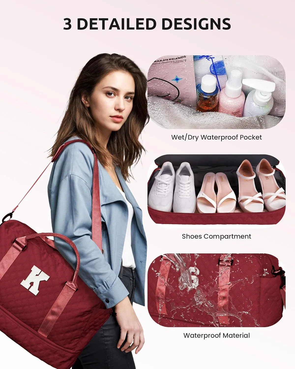 Personalized Weekender Duffle for Women With Shoulder Strap, Monogram Overnight Bag With Wet Pocket, Travel Bag With Makeup Bag, Gifts for Female Friends (Letter W)