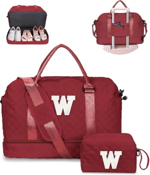 Personalized Weekender Duffle for Women With Shoulder Strap, Monogram Overnight Bag With Wet Pocket, Travel Bag With Makeup Bag, Gifts for Female Friends (Letter W)