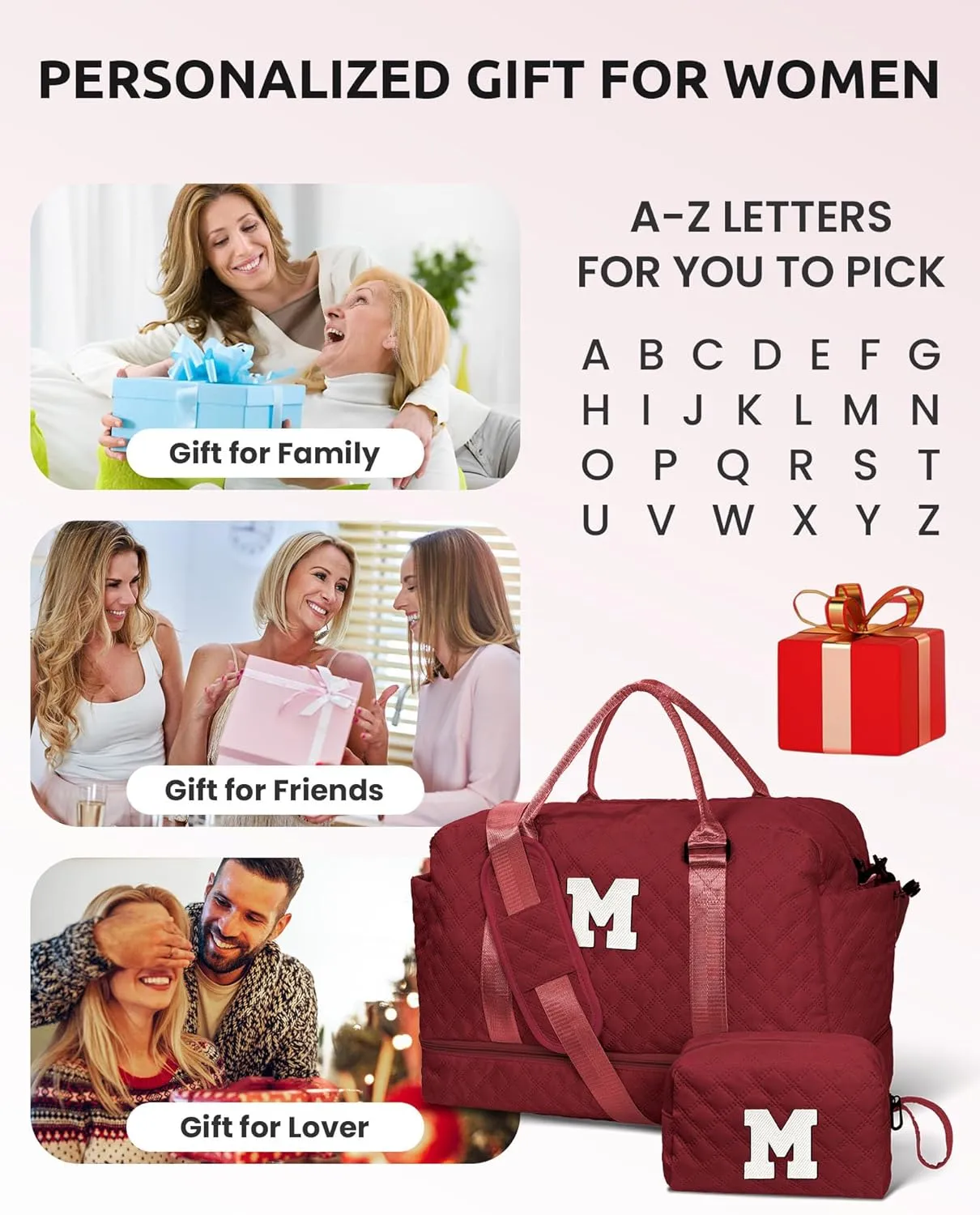 Personalized Weekender Duffle for Women With Shoulder Strap, Monogram Overnight Bag With Wet Pocket, Travel Bag With Makeup Bag, Gifts for Female Friends (Letter W)