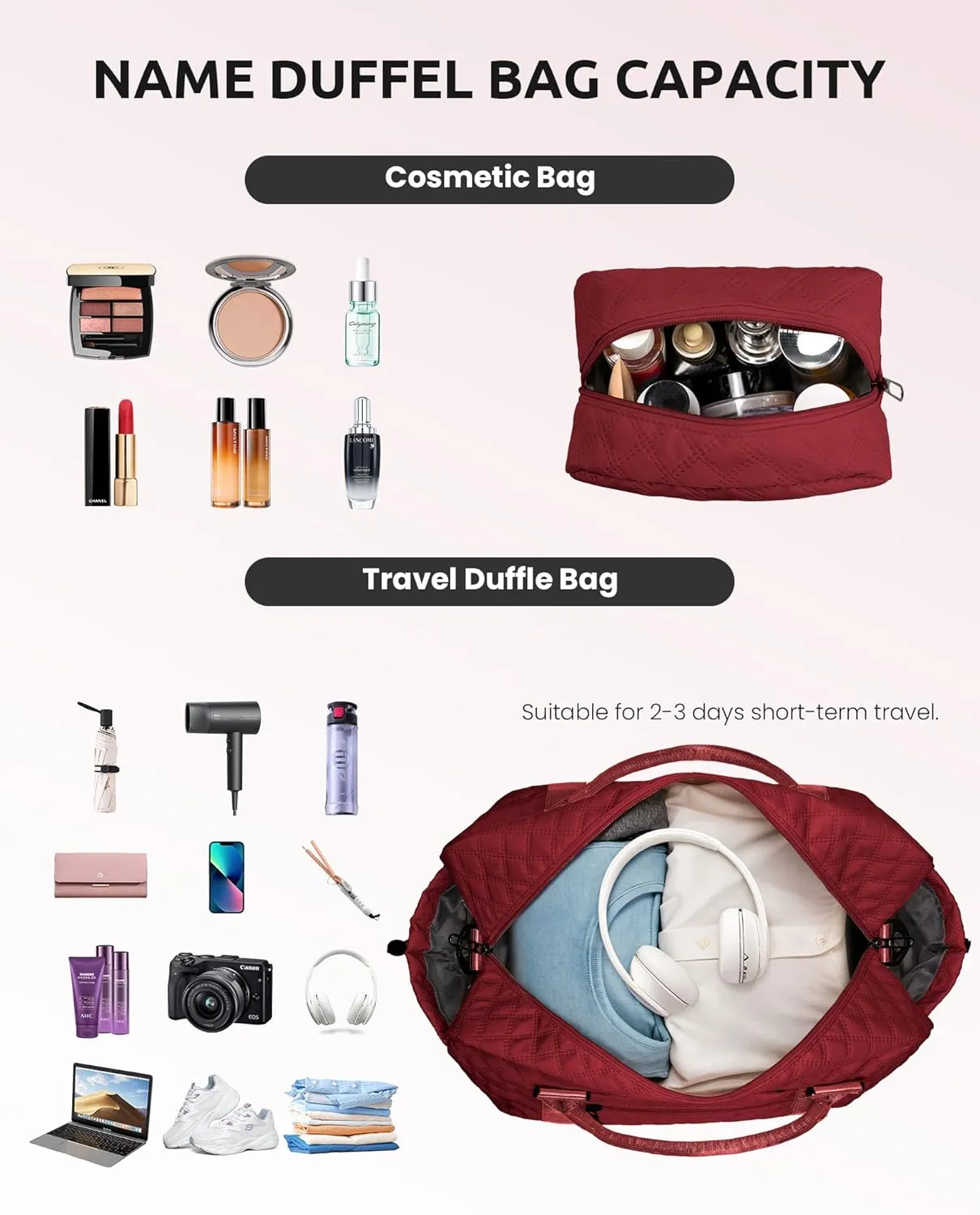 Personalized Weekender Duffle for Women With Shoulder Strap, Monogram Overnight Bag With Wet Pocket, Travel Bag With Makeup Bag, Gifts for Female Friends (Letter W)