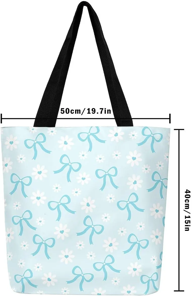 Pink Bowknot Canvas Tote Bag Kawaii Ribbon Bow Beach Bag,Sweet Girly Pink Bow Tie Shoulder Bag