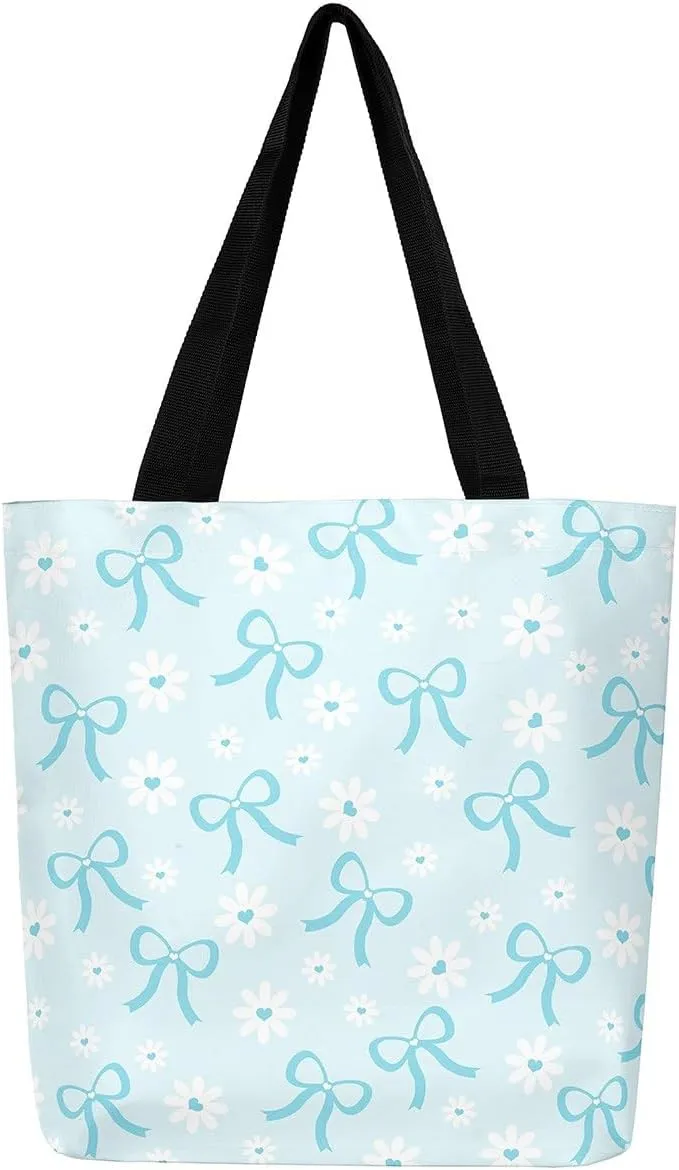 Pink Bowknot Canvas Tote Bag Kawaii Ribbon Bow Beach Bag,Sweet Girly Pink Bow Tie Shoulder Bag