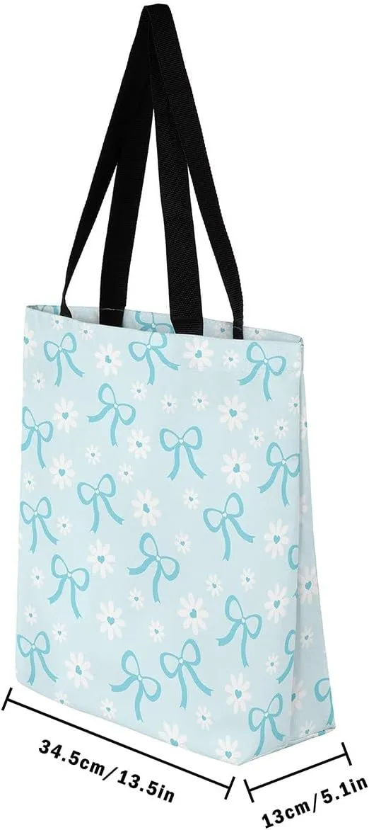 Pink Bowknot Canvas Tote Bag Kawaii Ribbon Bow Beach Bag,Sweet Girly Pink Bow Tie Shoulder Bag
