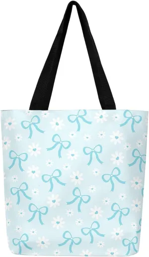 Pink Bowknot Canvas Tote Bag Kawaii Ribbon Bow Beach Bag,Sweet Girly Pink Bow Tie Shoulder Bag