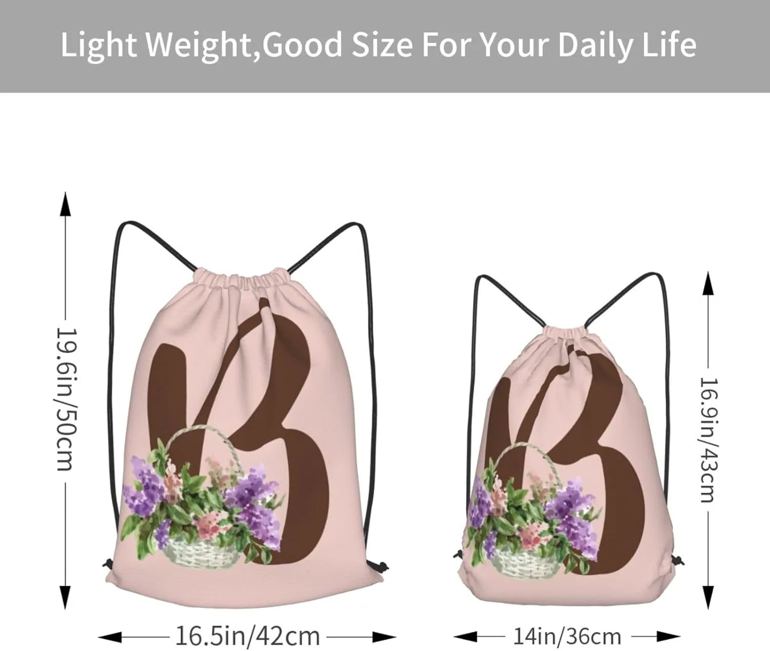 Pink Drawstring Bag for Women Girls Kids Teens Students Floral Initial Drawstring Backpack Sackpack Draw String Cinch Bags for Sports, Gym, Travel, Swimming, Beach, Camping, Letter B