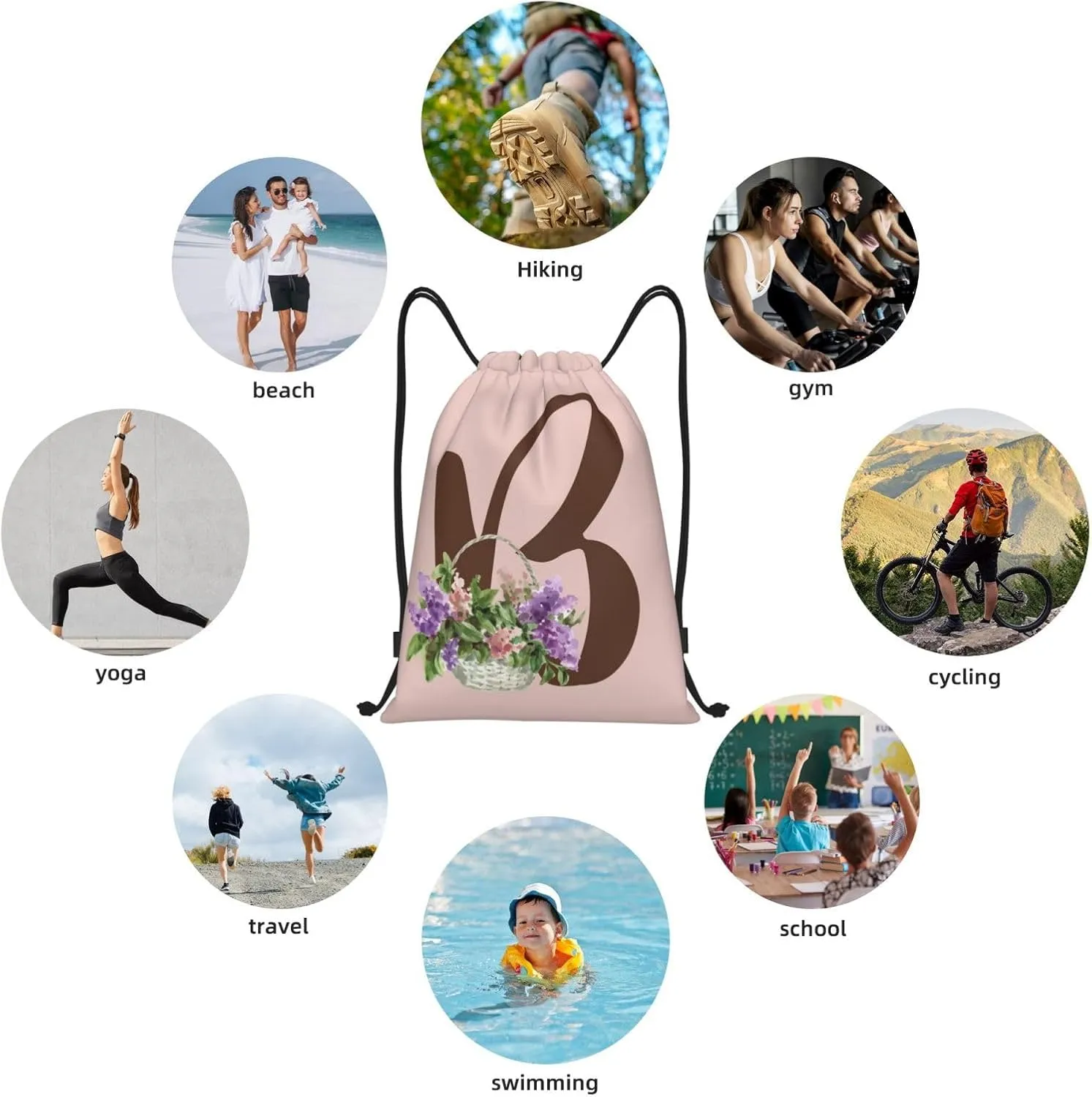 Pink Drawstring Bag for Women Girls Kids Teens Students Floral Initial Drawstring Backpack Sackpack Draw String Cinch Bags for Sports, Gym, Travel, Swimming, Beach, Camping, Letter B