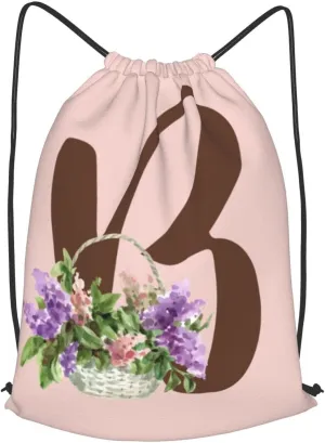 Pink Drawstring Bag for Women Girls Kids Teens Students Floral Initial Drawstring Backpack Sackpack Draw String Cinch Bags for Sports, Gym, Travel, Swimming, Beach, Camping, Letter B