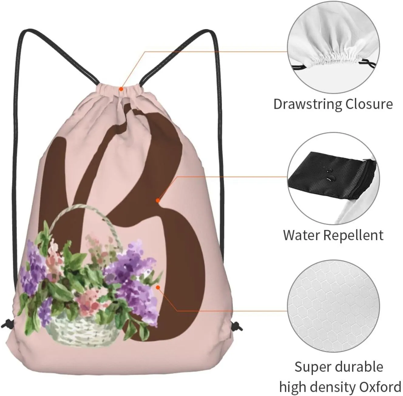 Pink Drawstring Bag for Women Girls Kids Teens Students Floral Initial Drawstring Backpack Sackpack Draw String Cinch Bags for Sports, Gym, Travel, Swimming, Beach, Camping, Letter B