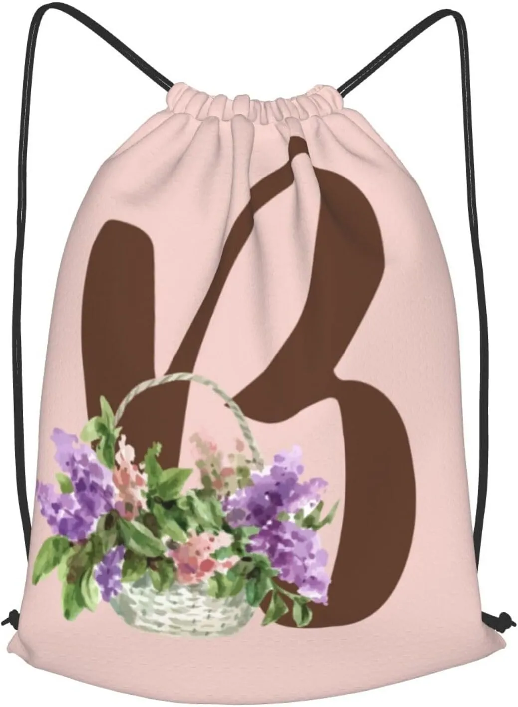 Pink Drawstring Bag for Women Girls Kids Teens Students Floral Initial Drawstring Backpack Sackpack Draw String Cinch Bags for Sports, Gym, Travel, Swimming, Beach, Camping, Letter B