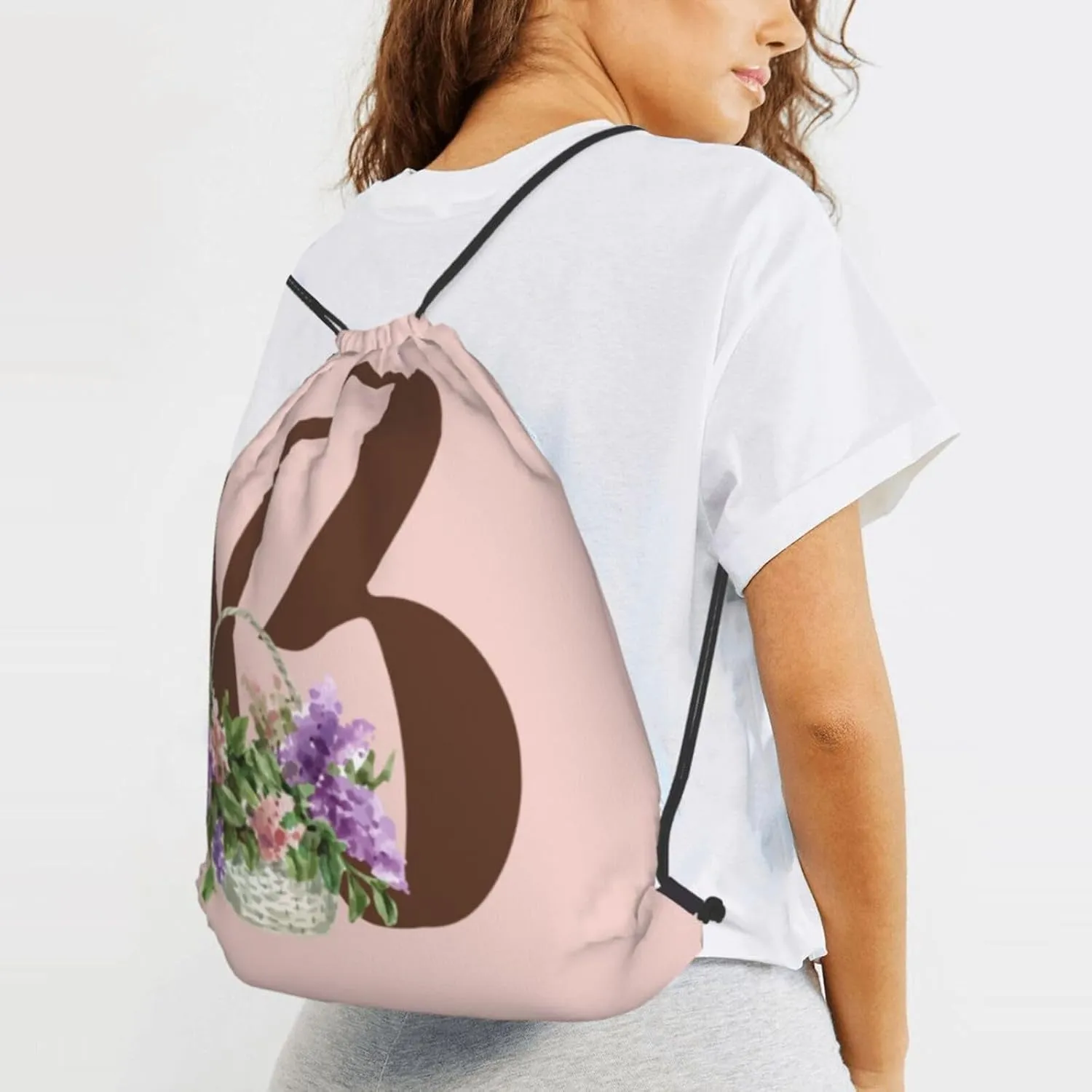 Pink Drawstring Bag for Women Girls Kids Teens Students Floral Initial Drawstring Backpack Sackpack Draw String Cinch Bags for Sports, Gym, Travel, Swimming, Beach, Camping, Letter B
