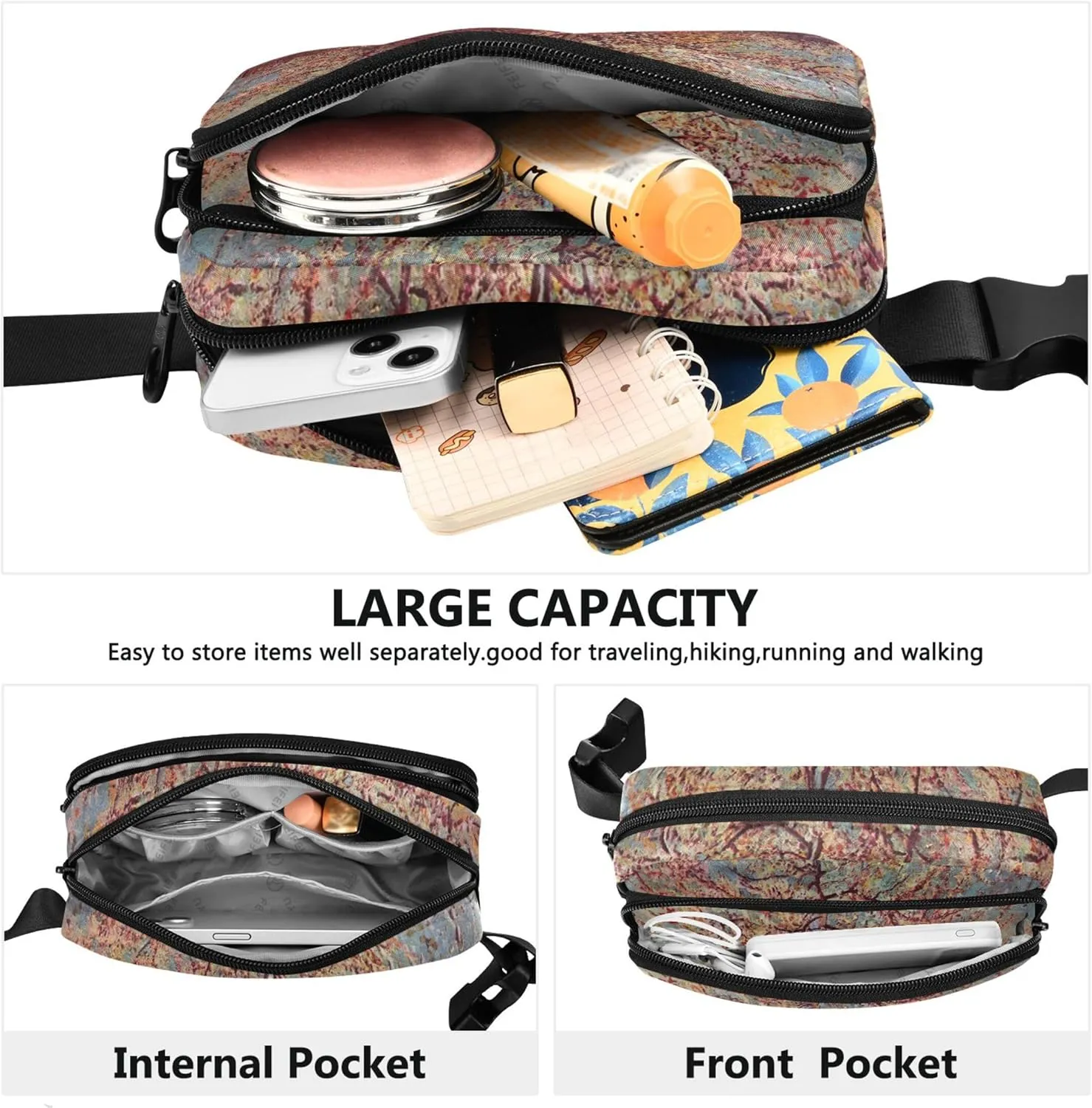Pink Peach Tree Blossom Vangogh Waterproof Fanny Packs for Women Belt Bags Hip Pack Hiking Crossbody Waist Purse