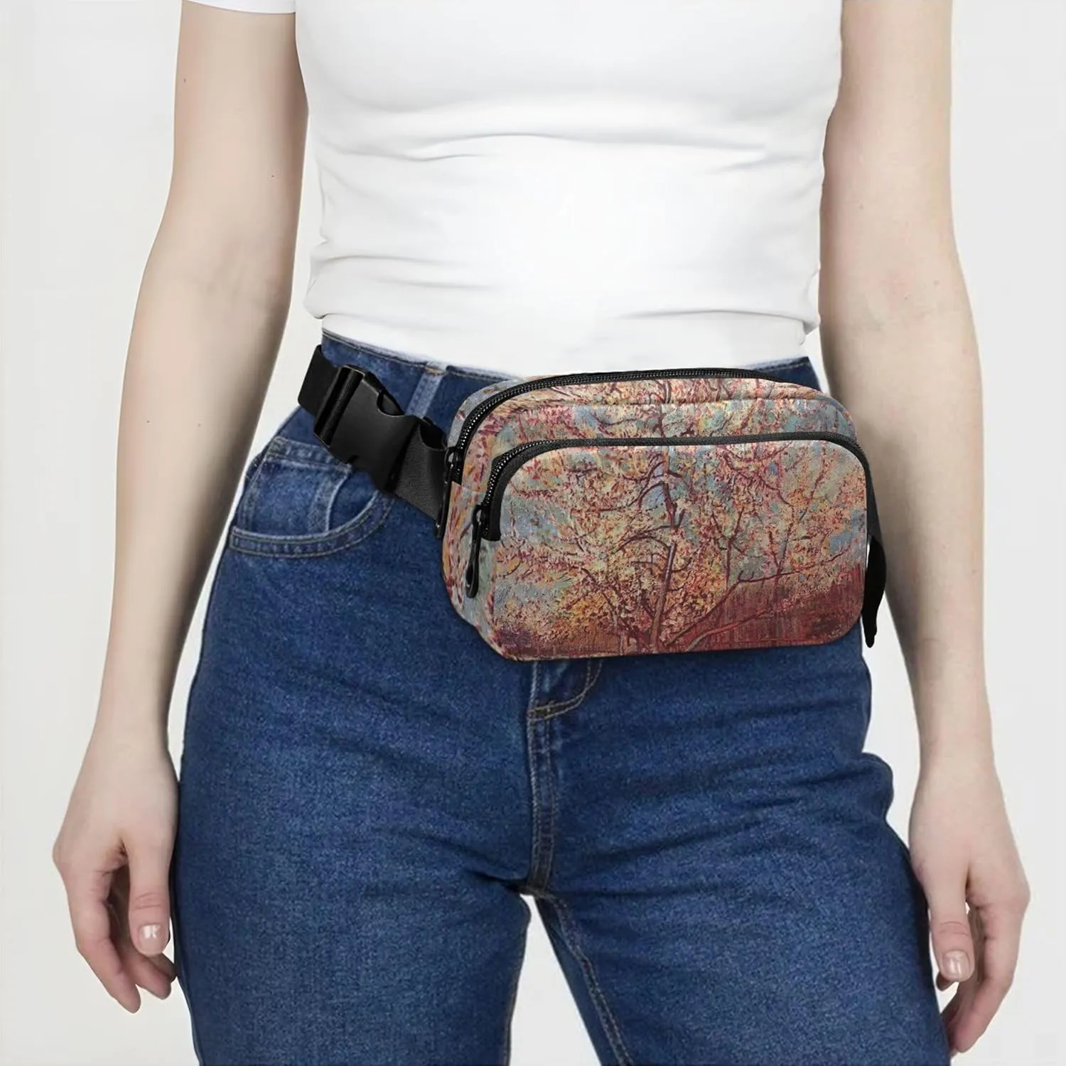 Pink Peach Tree Blossom Vangogh Waterproof Fanny Packs for Women Belt Bags Hip Pack Hiking Crossbody Waist Purse