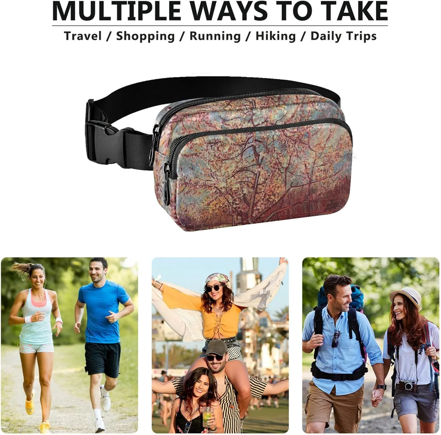 Pink Peach Tree Blossom Vangogh Waterproof Fanny Packs for Women Belt Bags Hip Pack Hiking Crossbody Waist Purse