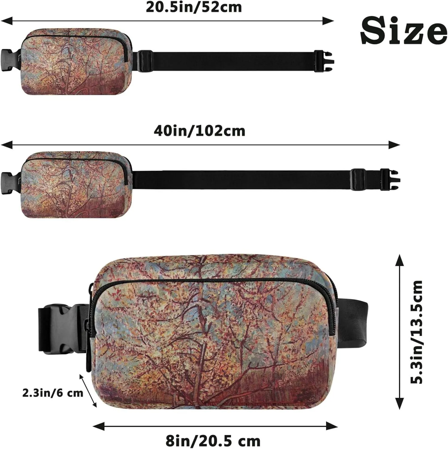 Pink Peach Tree Blossom Vangogh Waterproof Fanny Packs for Women Belt Bags Hip Pack Hiking Crossbody Waist Purse