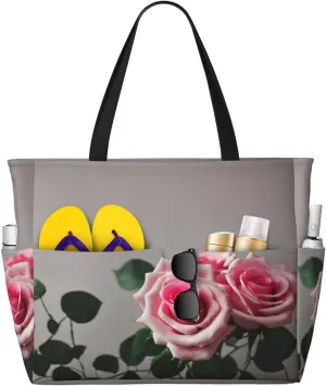 Pink Rose Beach Tote Bag For Women Beach Bag Waterproof And Sandproof Tote Bag Large Travel Bag