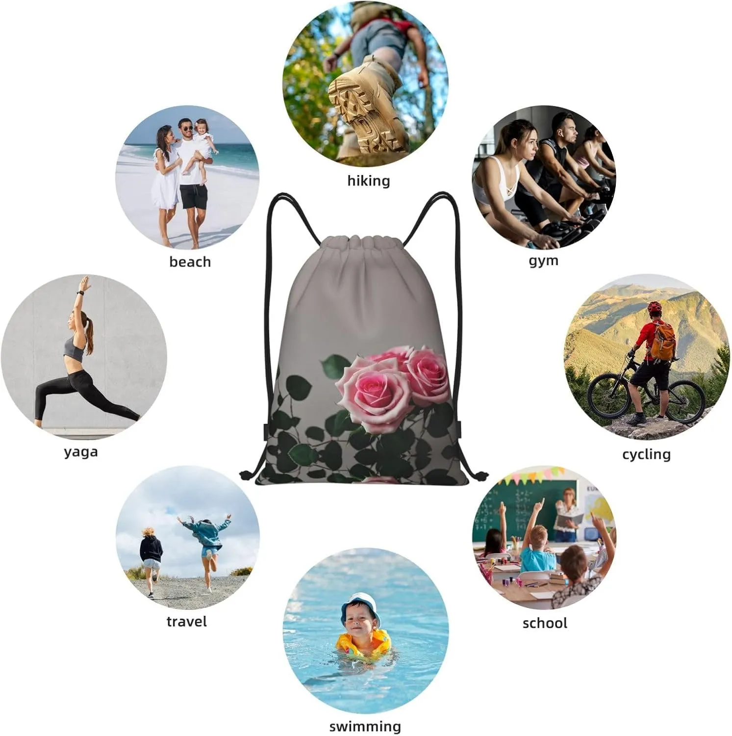 Pink Rose Waterproof Drawstring Gym Backpack Bag For Men&Women,Sport Gym Sack Travel Daypack,Personalized
