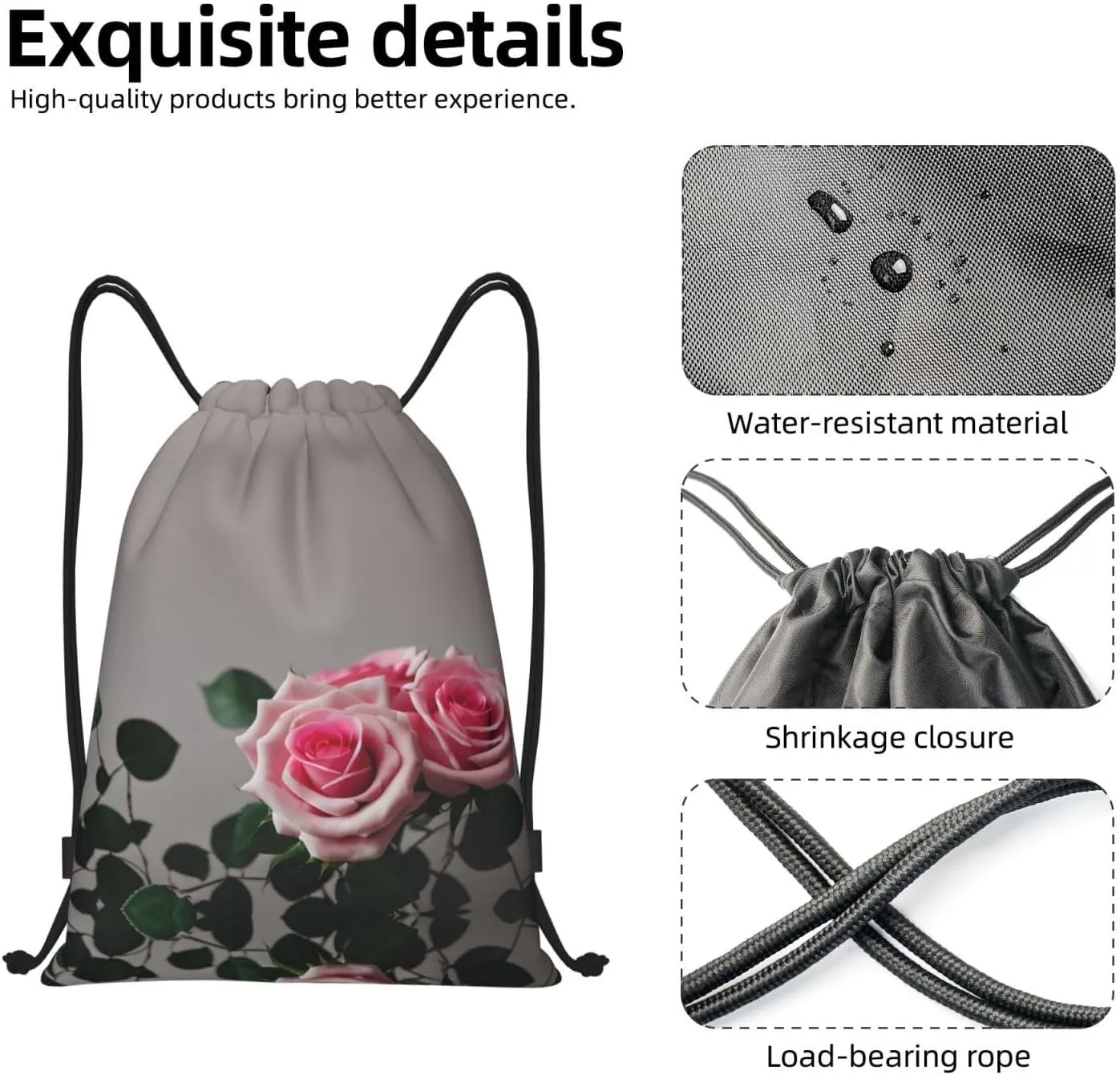 Pink Rose Waterproof Drawstring Gym Backpack Bag For Men&Women,Sport Gym Sack Travel Daypack,Personalized