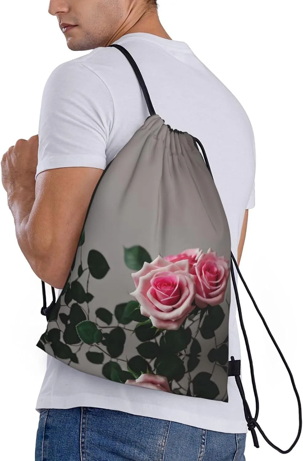 Pink Rose Waterproof Drawstring Gym Backpack Bag For Men&Women,Sport Gym Sack Travel Daypack,Personalized