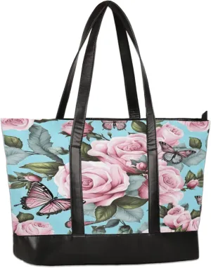 Pink Roses Butterflies Laptop Tote Bag for Women Lightweight Work Purse with Multiple Compartments Fits 13-15.6 Inch Laptop Tablet Shoulder Bag for Office Travel Daily Use