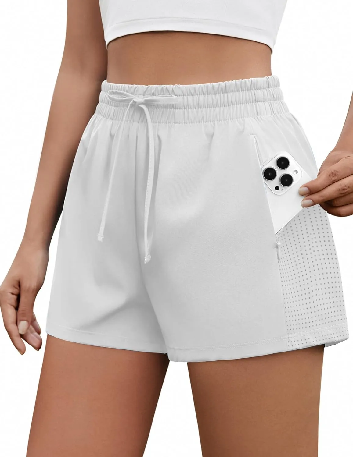 PINSPARK Womens Athletic Shorts High Waisted Running Shorts 2 in 1 Drawstring Quick Dry Gym Shorts with Zipper Pockets