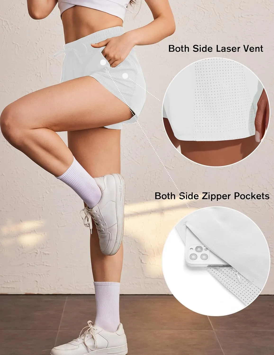 PINSPARK Womens Athletic Shorts High Waisted Running Shorts 2 in 1 Drawstring Quick Dry Gym Shorts with Zipper Pockets