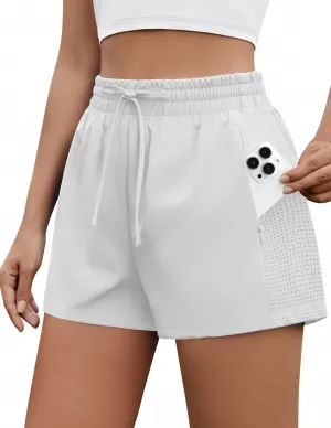 PINSPARK Womens Athletic Shorts High Waisted Running Shorts 2 in 1 Drawstring Quick Dry Gym Shorts with Zipper Pockets