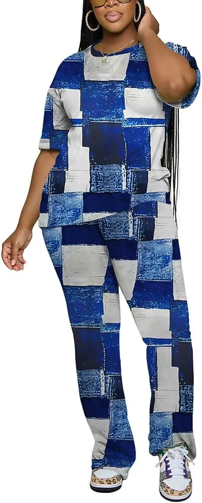 PINSV Women 2 Piece Outfits Short Sleeve Top and Flare Pants Lounge Sets Tracksuit