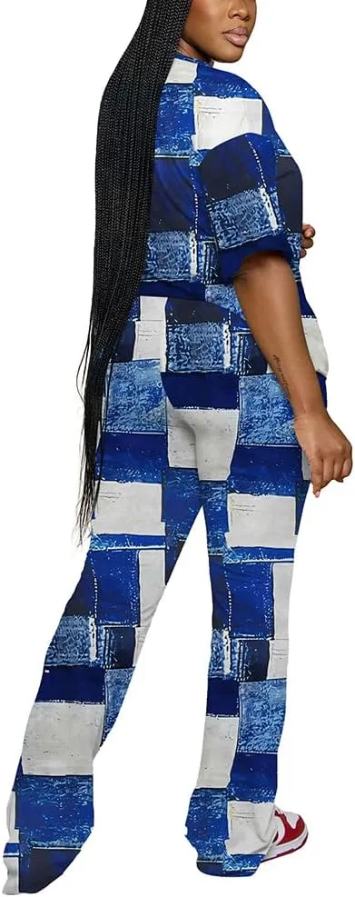 PINSV Women 2 Piece Outfits Short Sleeve Top and Flare Pants Lounge Sets Tracksuit