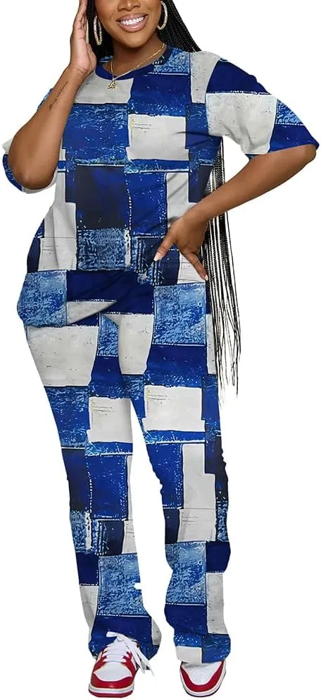 PINSV Women 2 Piece Outfits Short Sleeve Top and Flare Pants Lounge Sets Tracksuit