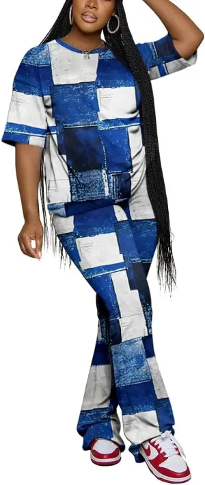 PINSV Women 2 Piece Outfits Short Sleeve Top and Flare Pants Lounge Sets Tracksuit