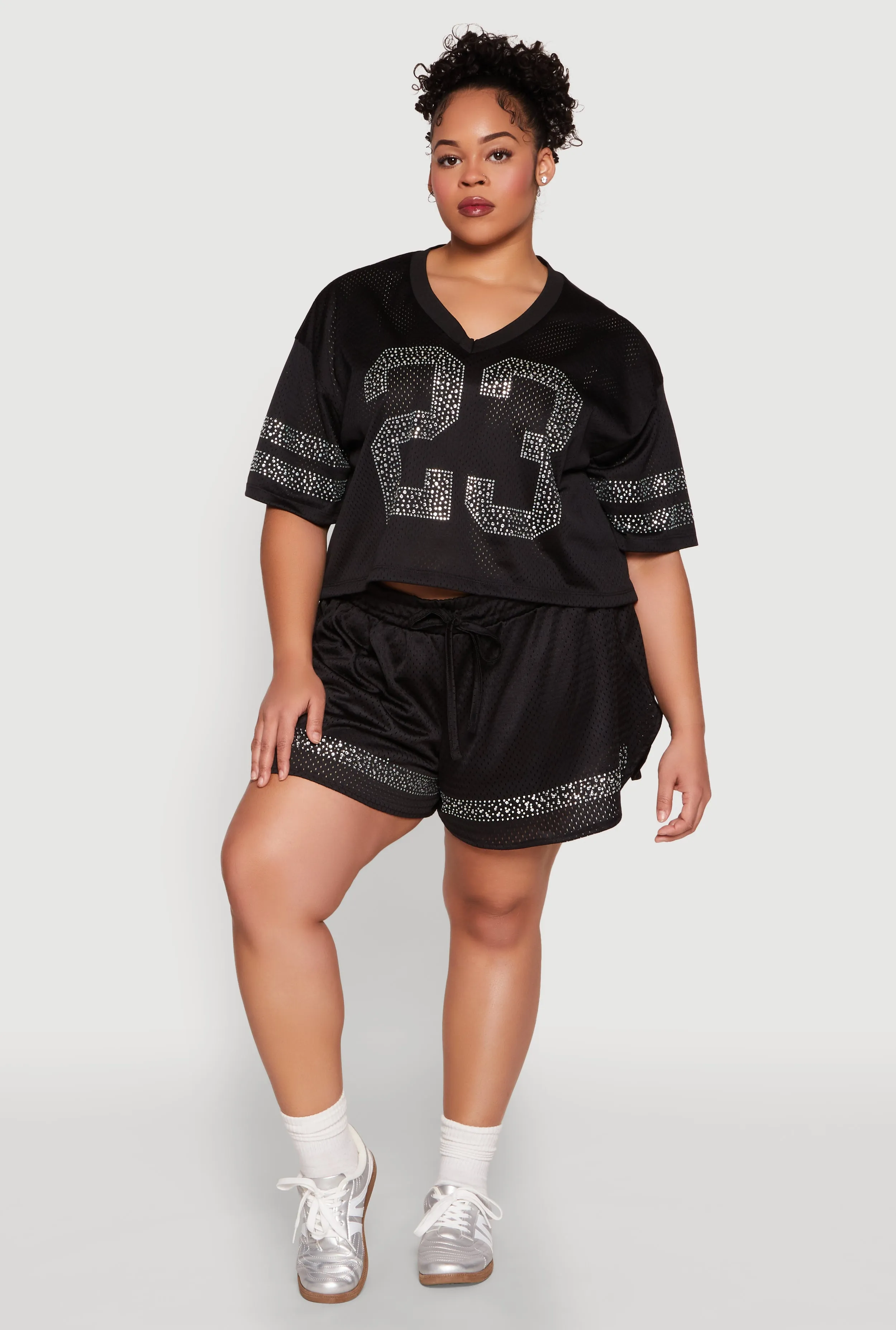 Plus Size Rhinestone Studded Jersey Mesh Shorts