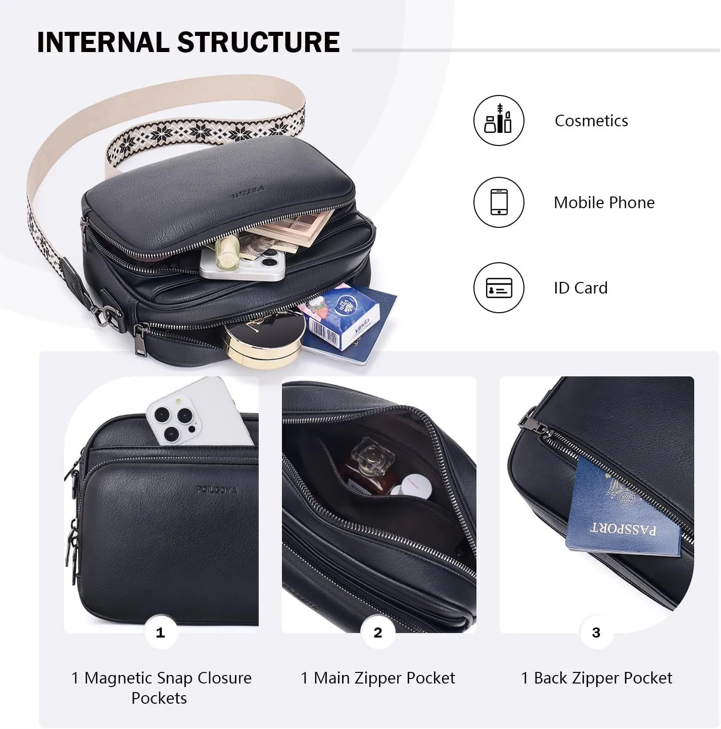 POIUGOYA Crossbody Purses for Women Trendy,Vegan Leather Medium Crossbody Bag,Women's Crossbody Travel Purse Built in Wallet