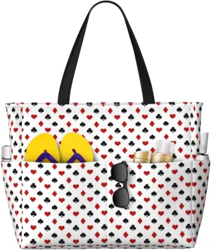 Poker Theme Playing Card Theme Beach Bag Women Tote Bag Pool Bag With Zipper For Gym Grocery Travel With Wet Pocket